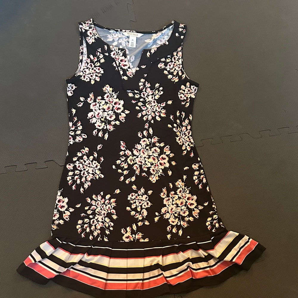 White House Black Market Black Floral Sleeveless Dress with Striped Ruffle